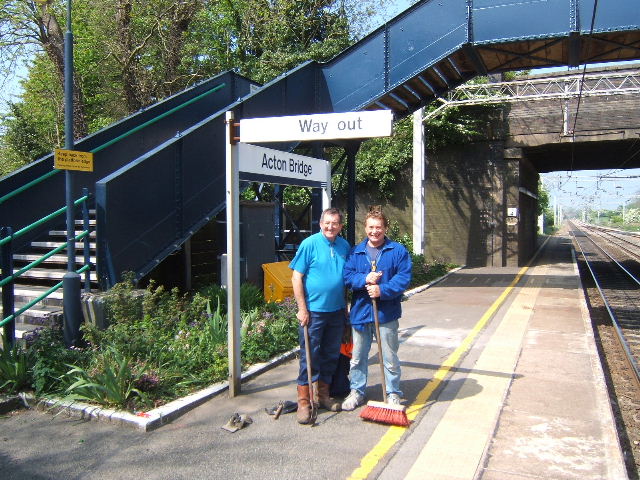 Gardeners on Acton Bridge Station - May 2007