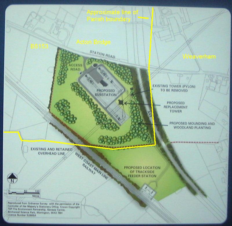 Proposed site plan, September 2003, with acknowledgements to copyright holders. Yellow Parish boundary and text added by Editor.
